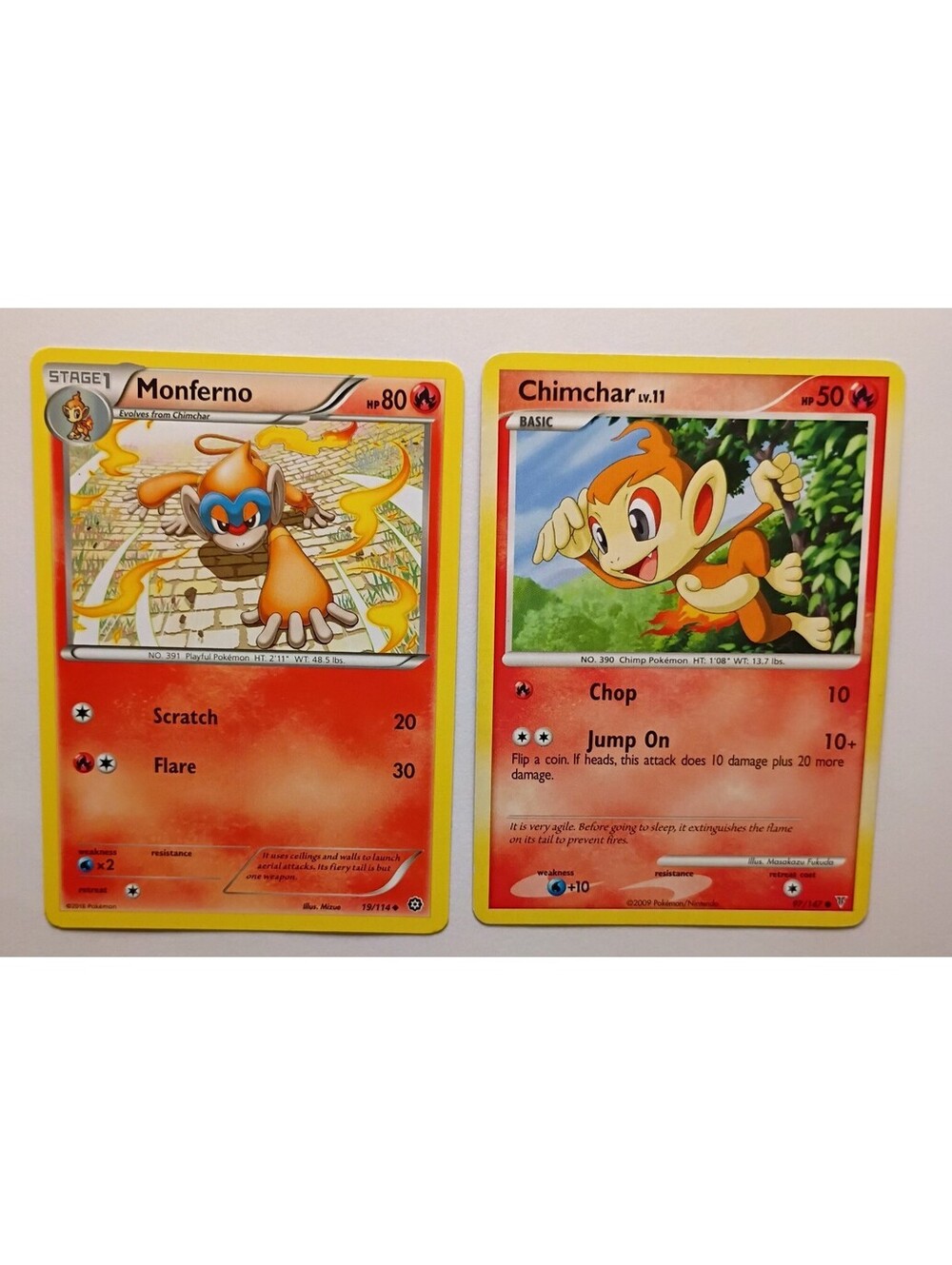 Pokemon TCG Monferno non Holo 19/114 & Chimchar LV.11 97/147 2009 (2)